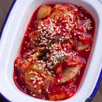 Kimchi in an enamel bowl
