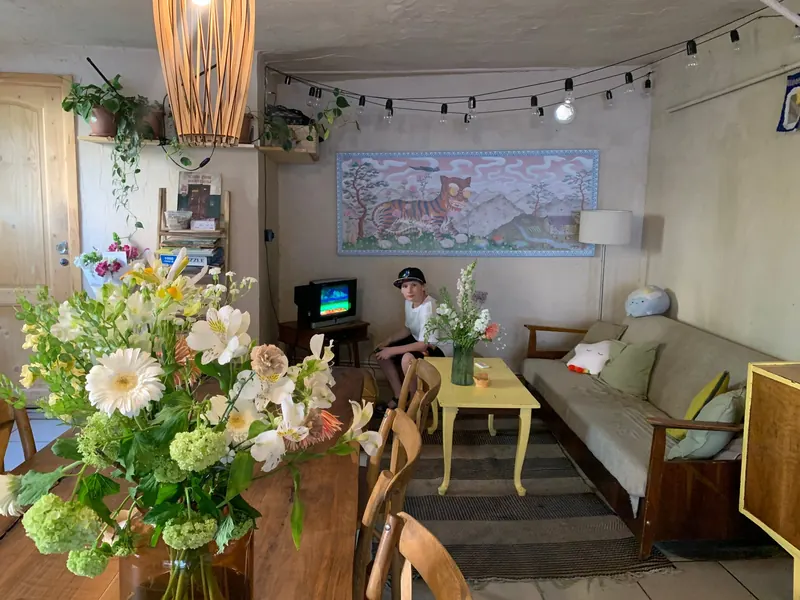 Fresh flowers on a wooden table in the lounge