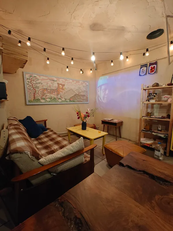 Sofa corner under string lights with a tiger painting on the wall